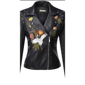 Yadanluwa Embroidered Crane Tiger Flowers Studs Moto Faux Leather Jacket Small
